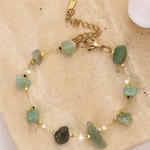 Green Natural Stone Beads Thin Chain Bohemian Style Handcrafted Chain Bracelet - Picture 2 of 6